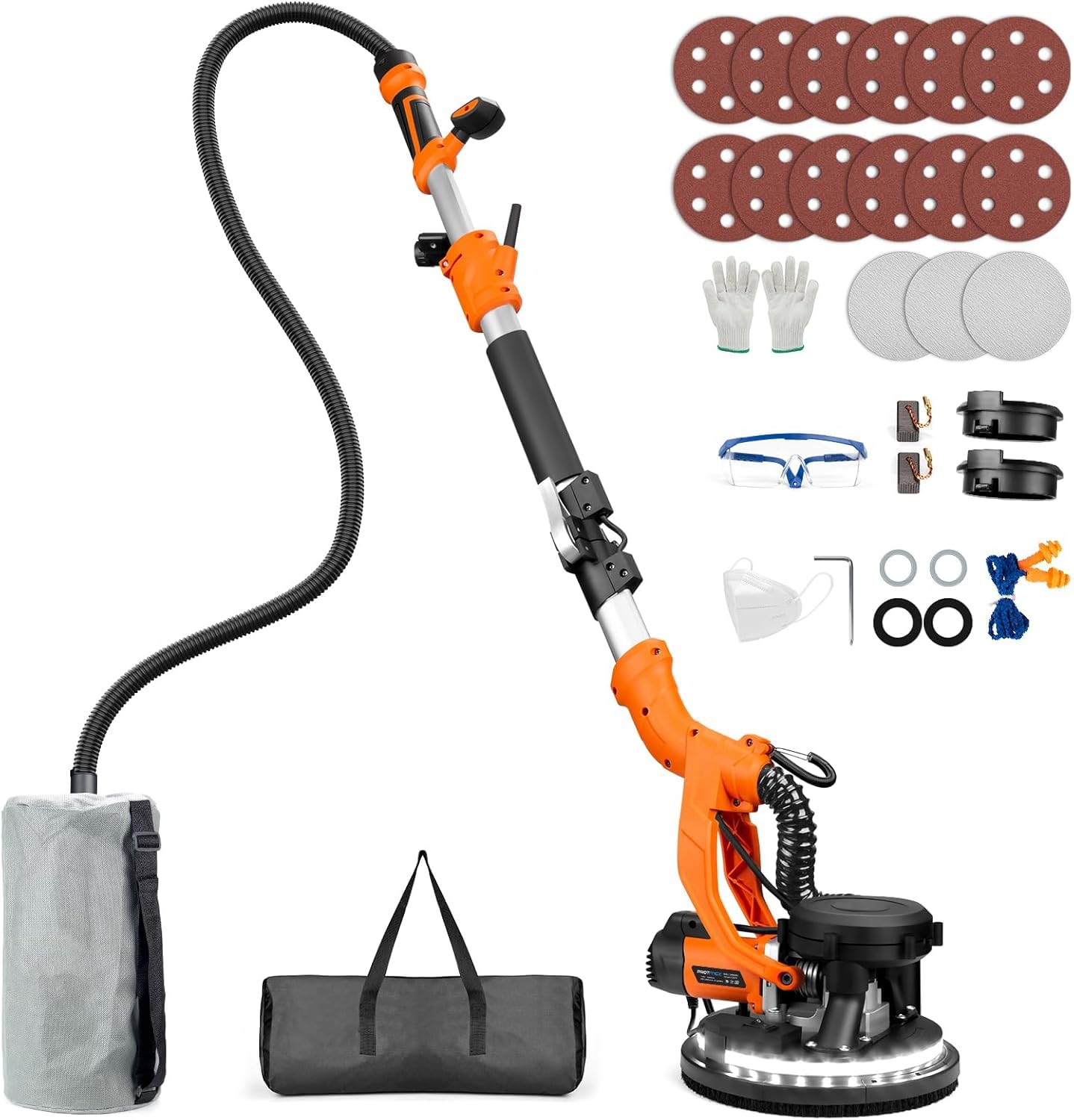 Protmex Giraffa Levigatrice - 1000W Levigatrice per Muro con Aspiratore e Luce LED, 6 Velocità 800-2200RPM, Dischi di Levigatura 15pcs, Pieghevole Estensibile per Muri