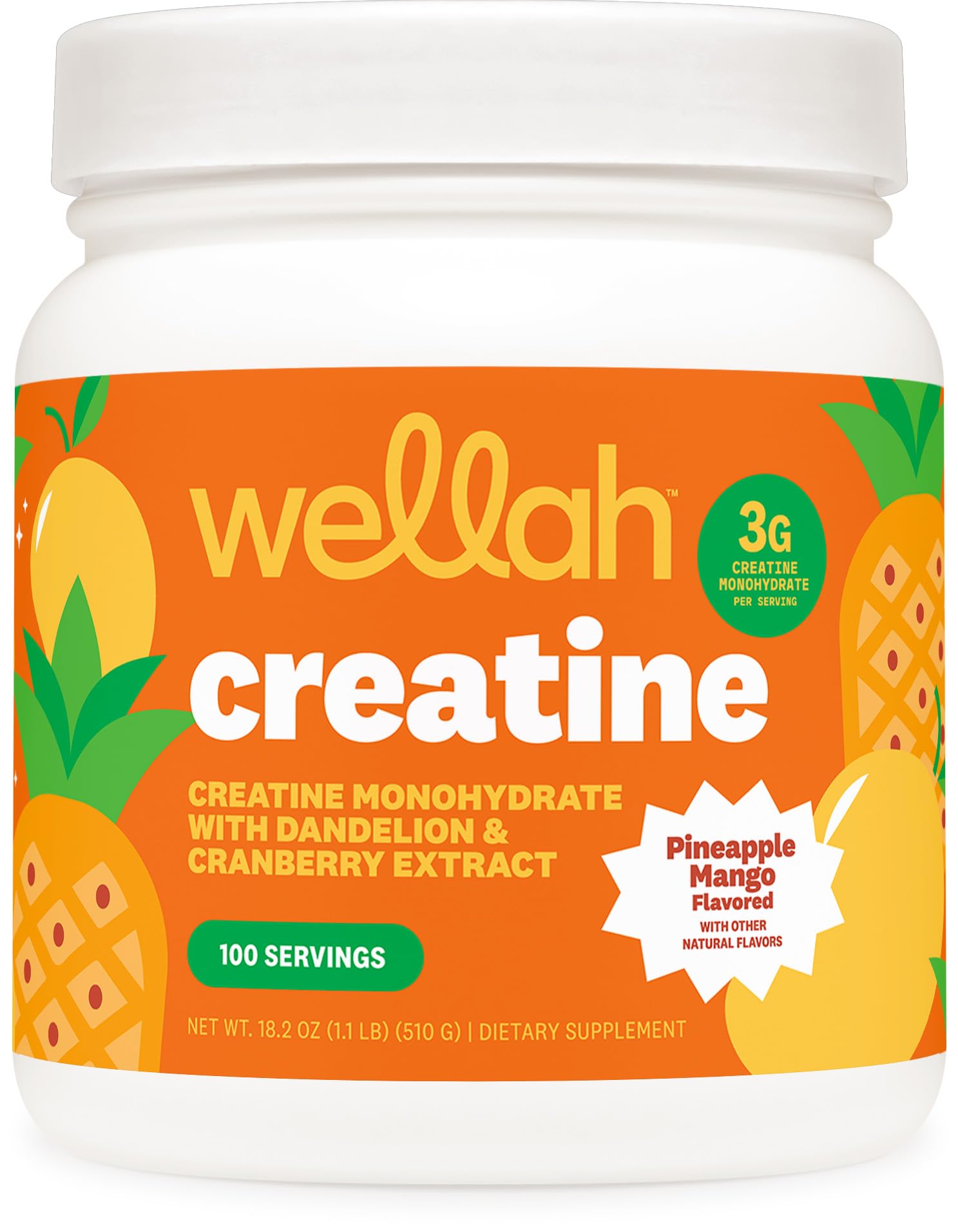 Wellah Creatine for Women - Creatine Monohydrate with Dandelion & Cranberry Extract (100 Servings, Pineapple Mango)
