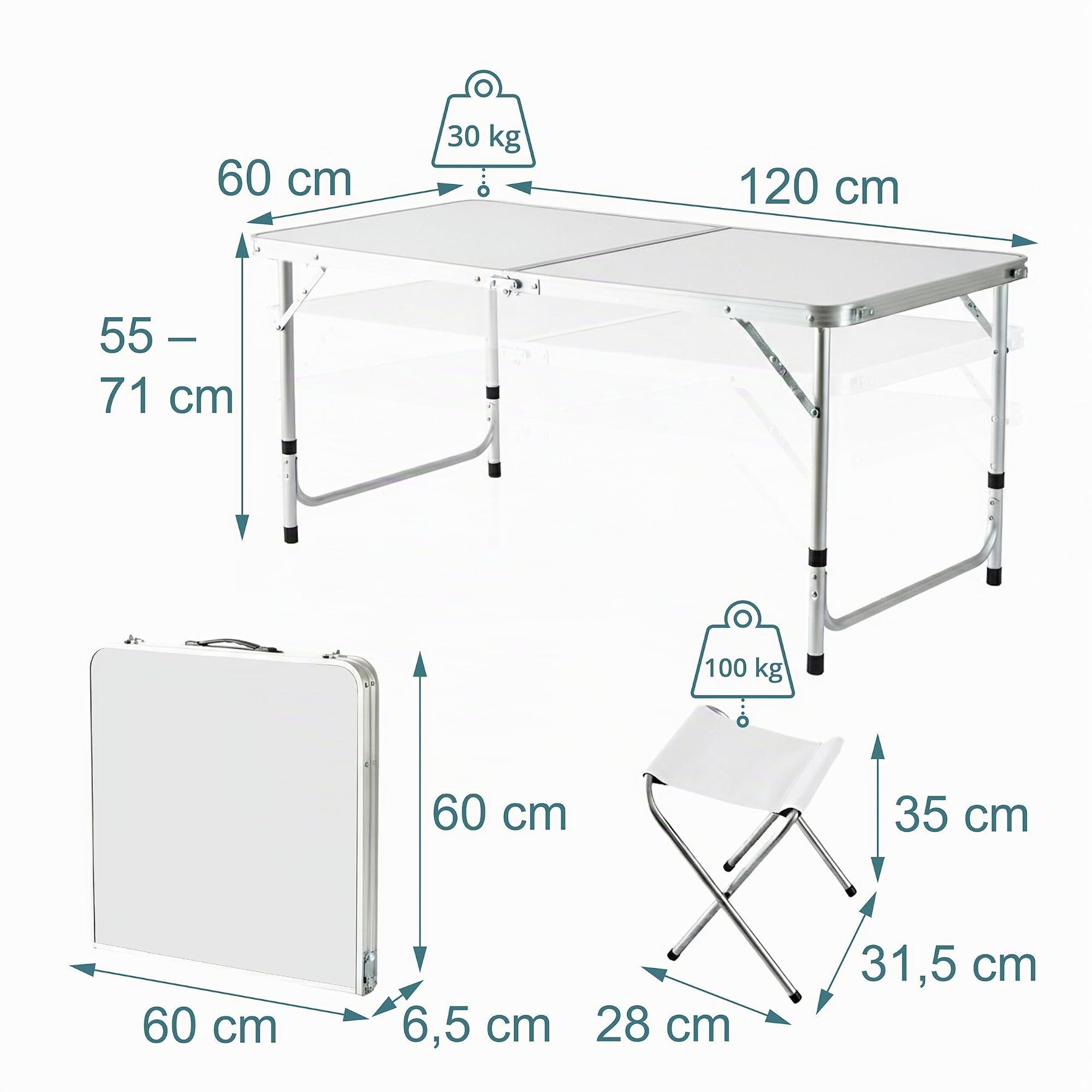 Relaxdays Table de Camping, Pliable et réglable, 4 tabourets, poignée de Transport, Aluminium, MDF, Blanc