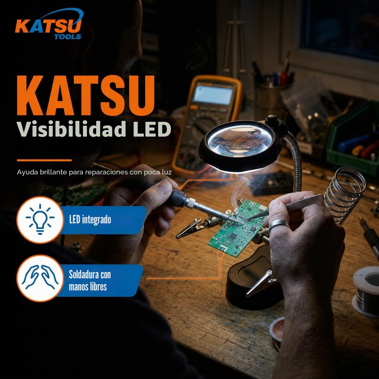 KATSU Lupa para Soldar con Lámpara LED Manos Amigas con Clips Lupa 3.5X 12X Dispositivos de Sujeción para Soldar con Pinzas de Cocodrilo para Trabajos de Reparación de Ensamblaje 990747