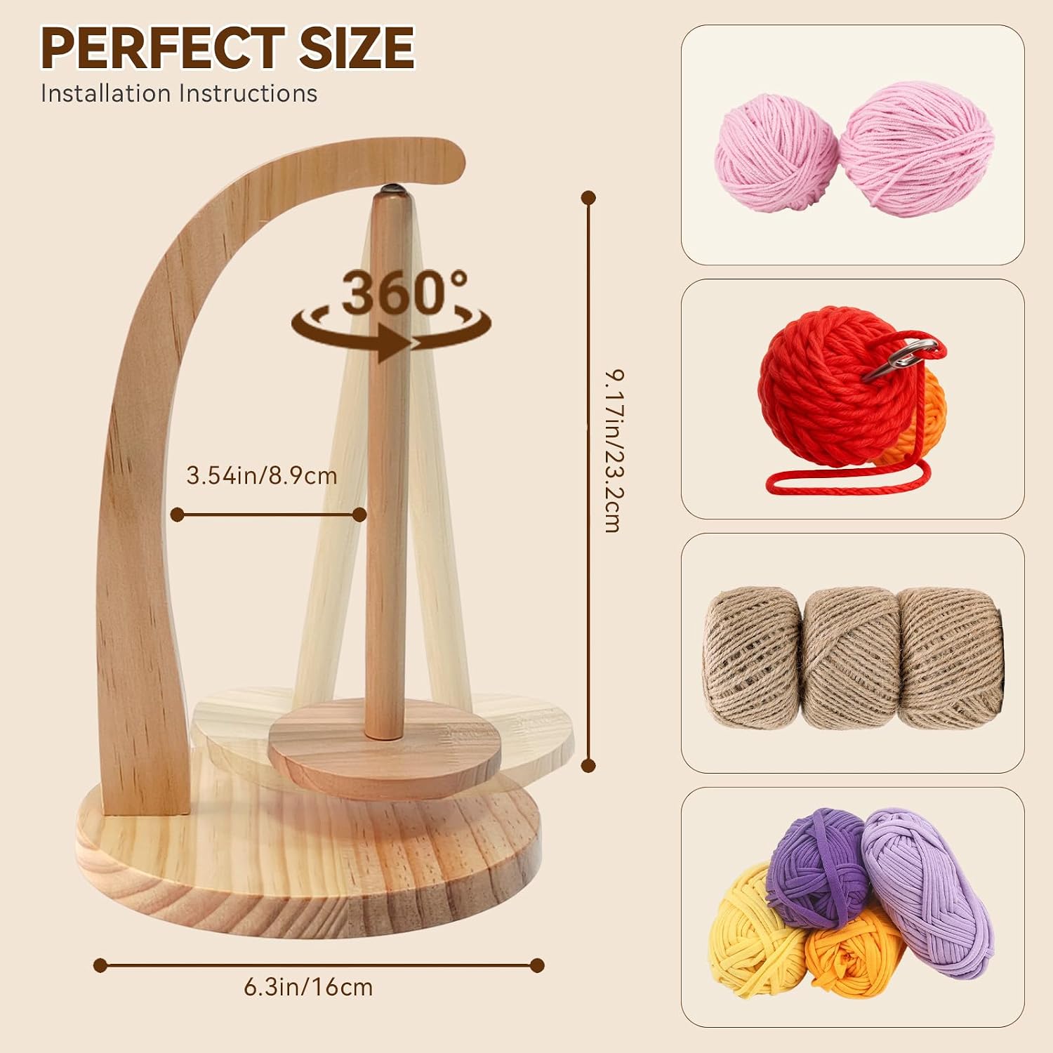 Dlzoiuc Upgraded 360° Rotating Yarn Holder, Pine Wooden Magnetic Yarn Spinner with Anti-Slip Wide Base, Portable Yarn Minder for Crocheting & Knitting