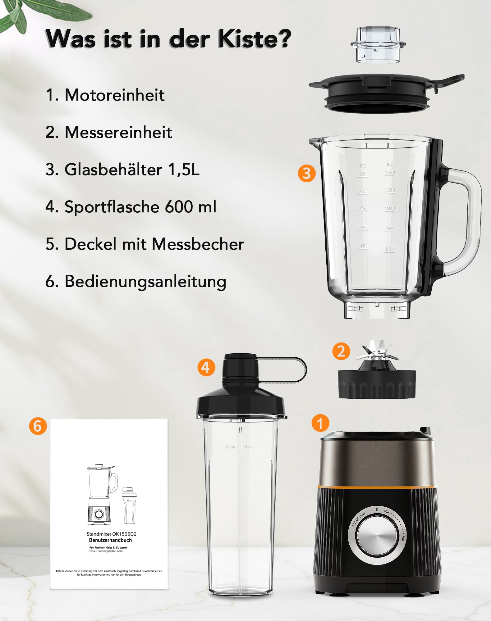 1000W Standmixer, Mixer, Glas 2-1 Mixer Smoothie Maker mit 1,5L Glaskrug und 600ml Reisebecher, Stufenlos Drehbare Drehregler, Selbstreinigung, für Ice-Crush-Funktion Shakes Gefrorene Getränke Saucen
