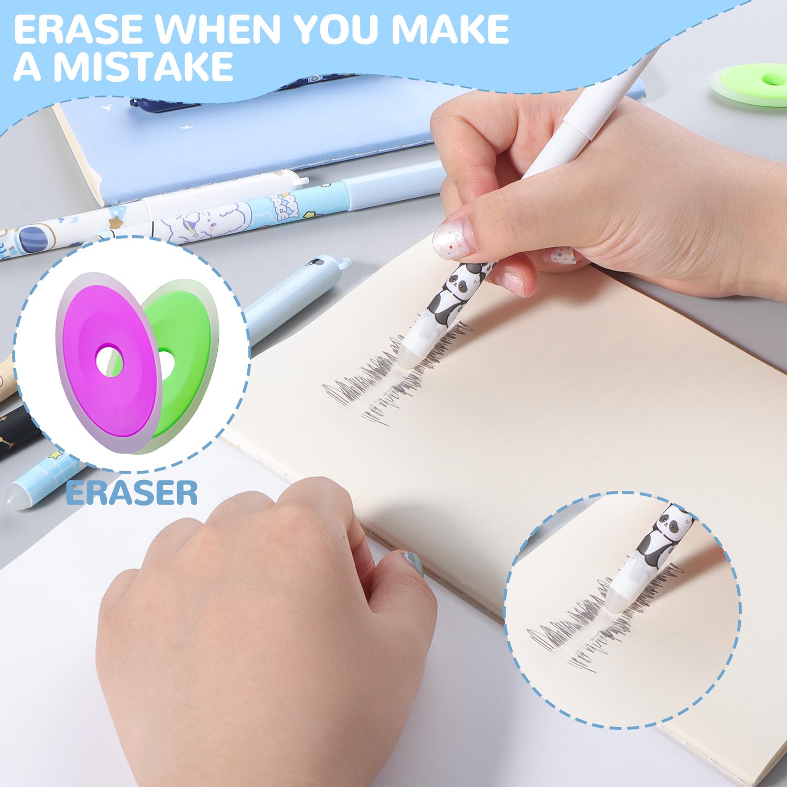 Penne Cancellabili Kawaii a Forma di Cartone Animato, Penna Gel Cancellabile con Gomma, Materiale Scolastico, 4 Stili