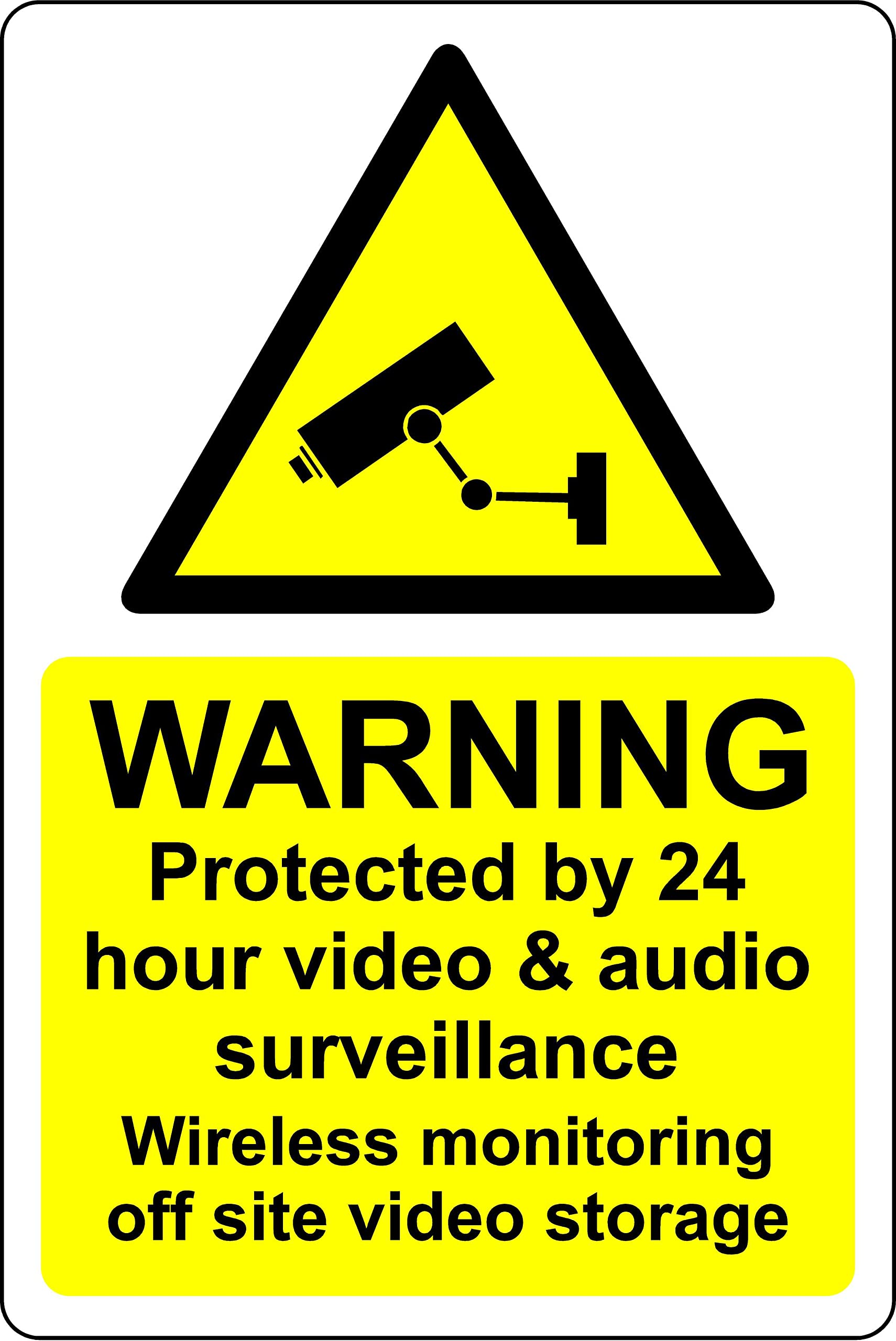 Warning protected by 24 hour video and audio surveillance wireless monitoring off site video storage sign - Self adhesive sticker (200mm x 150mm)