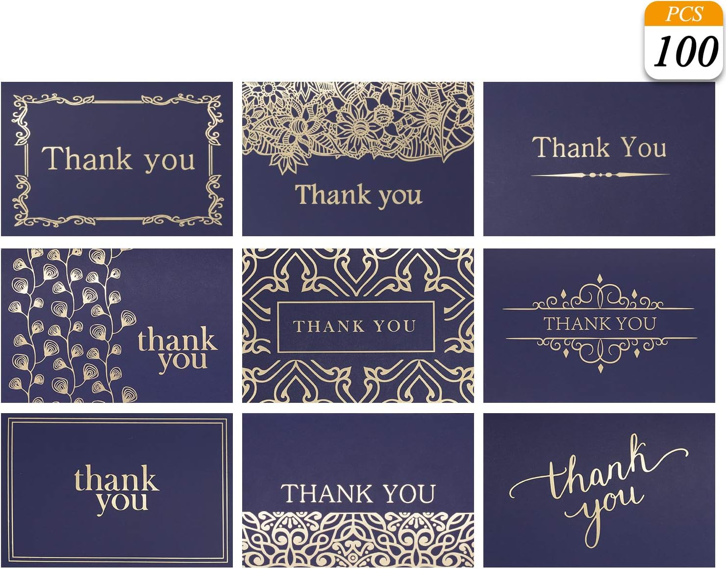 VONDERSO Thank You Cards Notes In 9 Designs Blank Inside With Envelops For Wedding, Birthday, Baby Shower, Party Favors, Business, Graduation, Greeting Cards, Funeral 4x6 inch (100PCS, Navy-Blue)