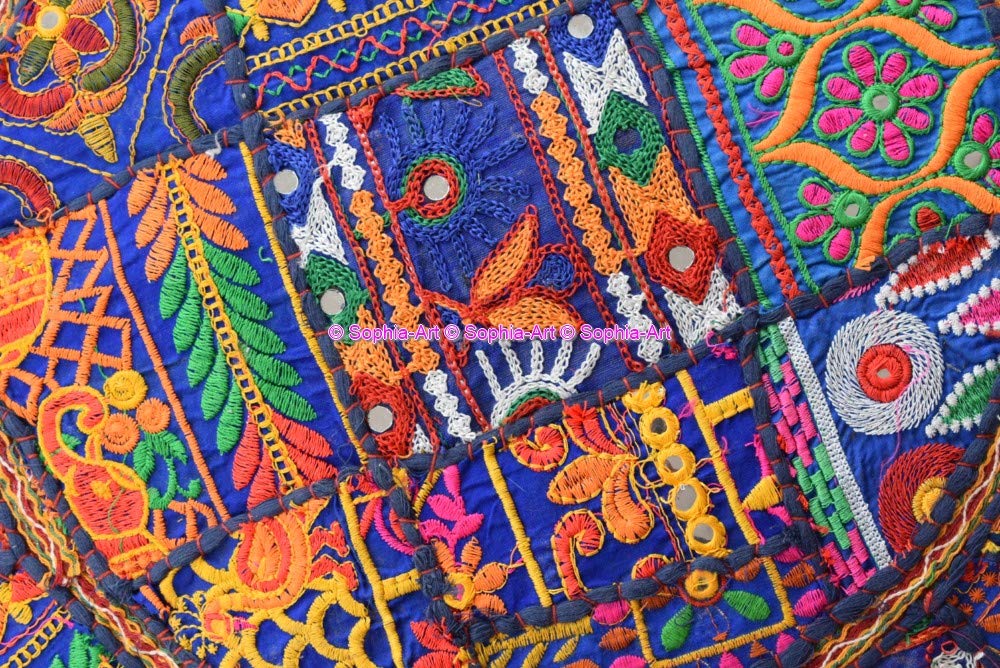 Sophia-Art Indian Embroidered Patchwork Cover Indian Decorative Pouf Indian Comfortable Floor Cotton Cushion Ottoman Pouf,Indian Designs Ethnic Patchwork Pouf (Blue Rajkoti, 18"x13") 2