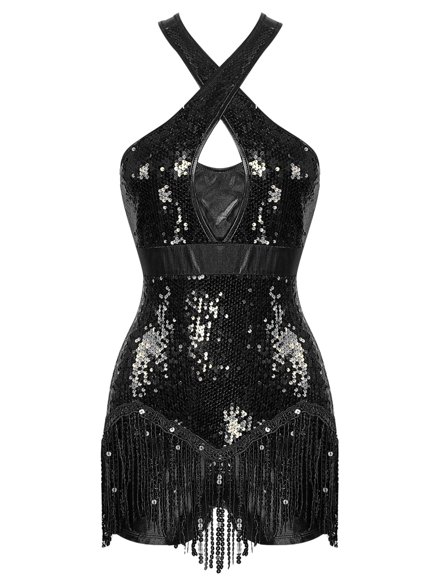 ranrann Tuta da Ballo Latino Donna Backless Incrociato Jumpsuit Ginnastica Artistica in Paillettes Costume da Ballo Tango Samba Salsa Rumba ChaCha Dancewear