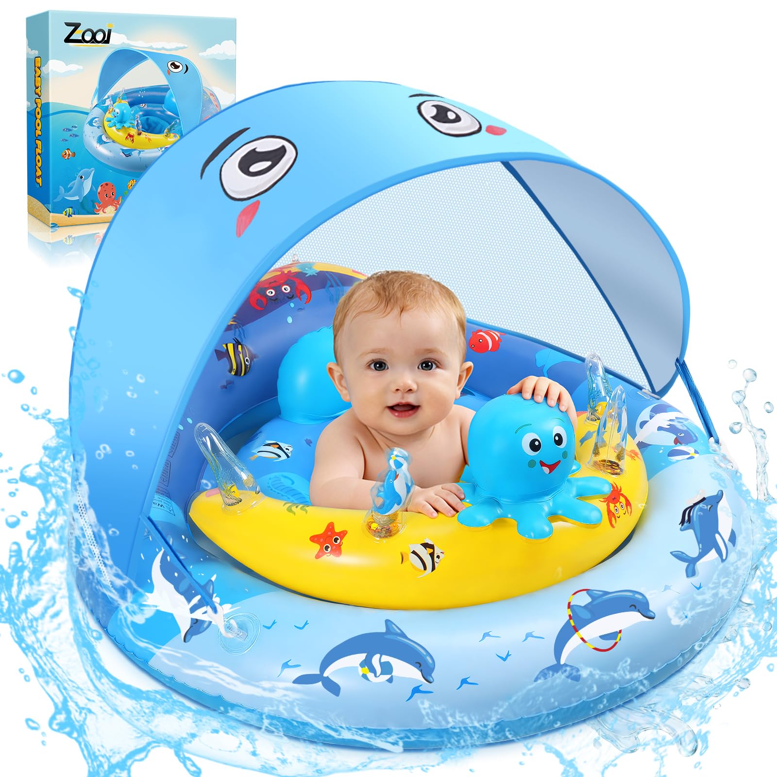 ZOOI Flotador Bebe con Sombrilla Partir de 6 Meses, UPF 50+ Flotador Bebe con Sombrilla y Asiento de Seguridad, Entrenador de NatacióN Adecuado Para 10-20 KG, Bola de Equilibrio Para Evitar Vuelcos
