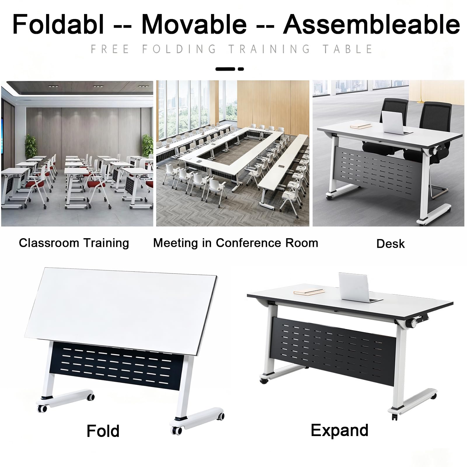 Modularer, klappbarer Konferenztisch mit Rollen, platzsparender Klapptisch für Büro, Seminar und Sitzungssaal (4, 140 x 59,9 x 75,2 cm)
