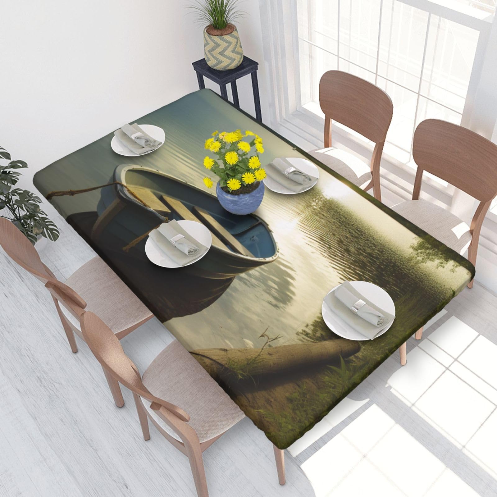 DCARSETCV Boat at Lake Shore Printed 4FT Waterproof Tablecloth with Elastic Edged Protect & Decor Your Table, Oil-proof Washable Table Cloth Cover for Dinner Picnic Party