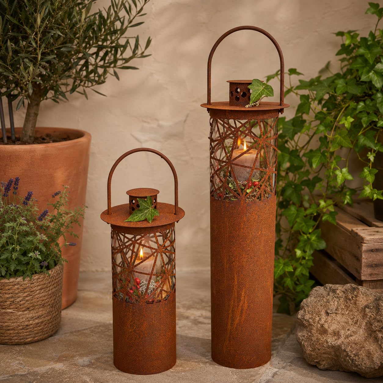 Edelrost Laterne Arte - Gartendeko - Rustikal - mit Glaseinsatz für Kerzen - Vintage Optik (47)