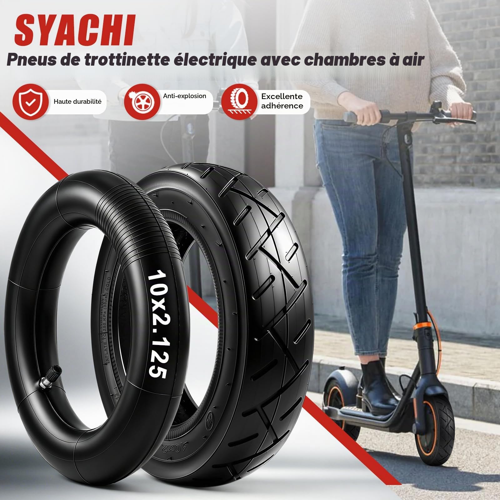 Pneu Trotinette Electrique 10x2.125, Chambre à Air 10x2.125 Renforcée, Pneu 10 x 2,125 et Tuyau en Caoutchouc 30 % Plus épais Avec Valve Droite, Compatible avec la Plupart des Scooters