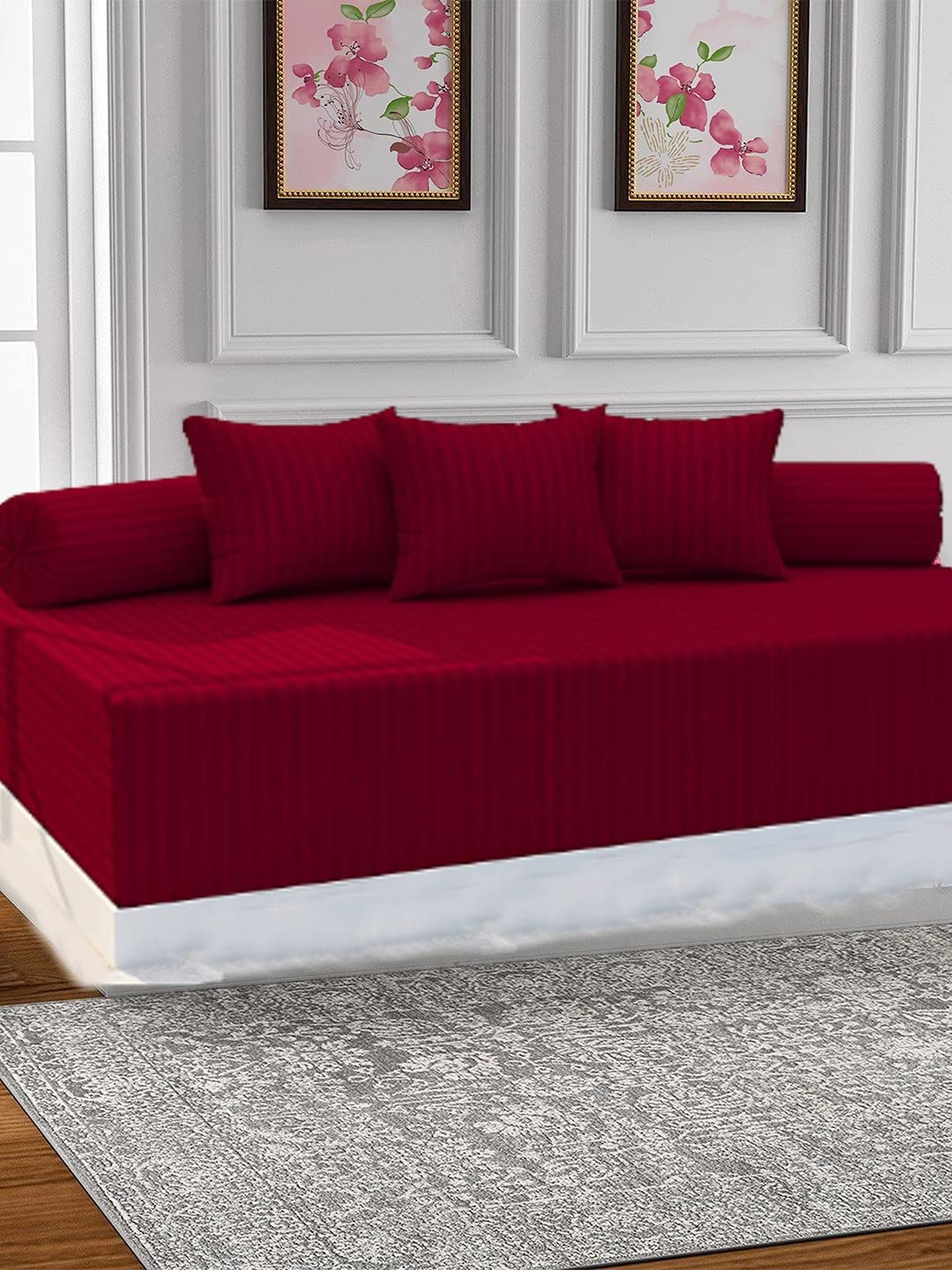 IVAZA Striped Color 100% Microfiber diwan Cover Set of 6 Pieces, 1 Single bedsheet, 3 Cushions Covers and 2 Bolster Covers (Maroon)-image-48