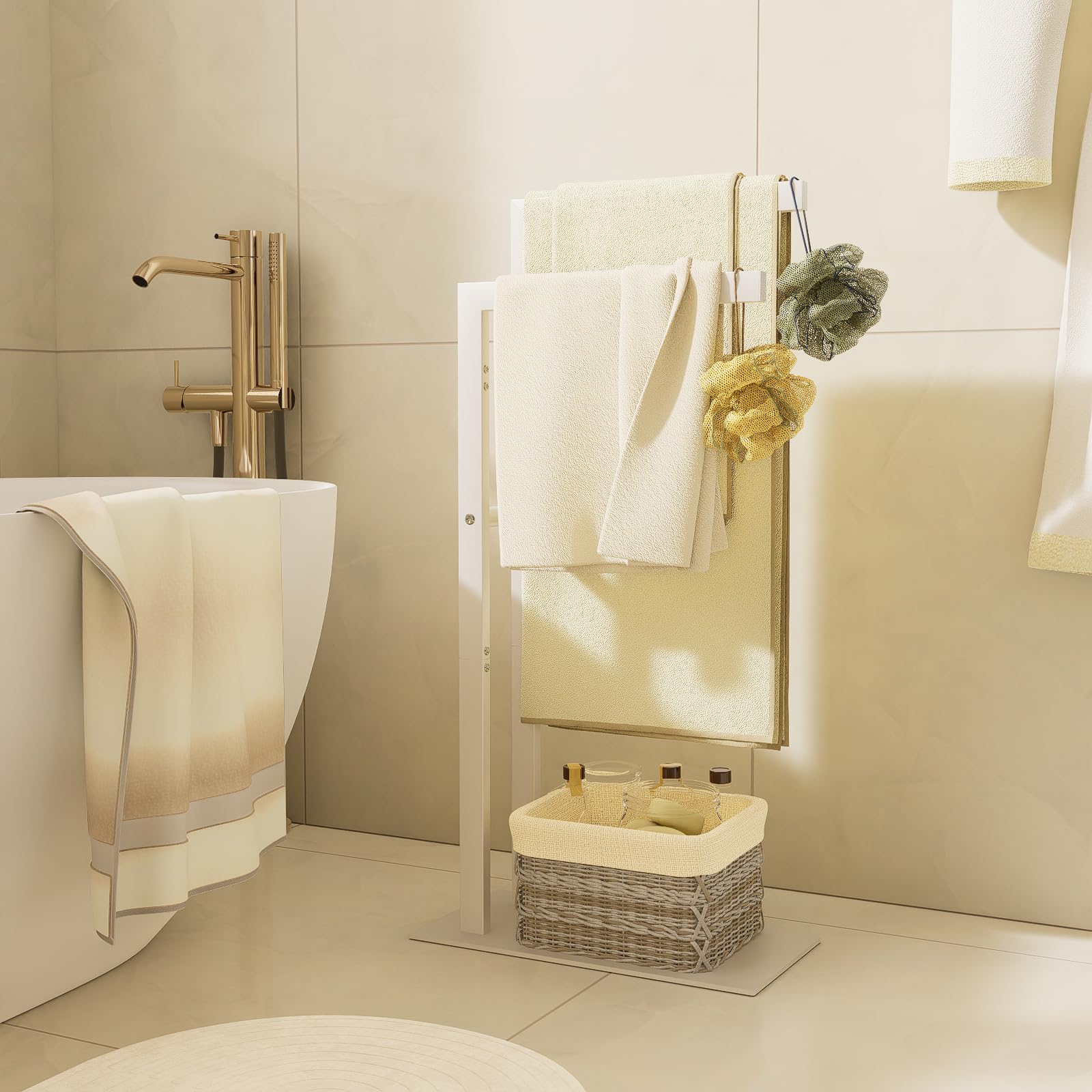 Yawinhe Porte Serviettes sur Pied, Support Salle de Bain, avec 2 Barres, en Acier Inoxydable, pour Vêtements, Couvertures, 40x20x80cm, Blanc, SMJ003W
