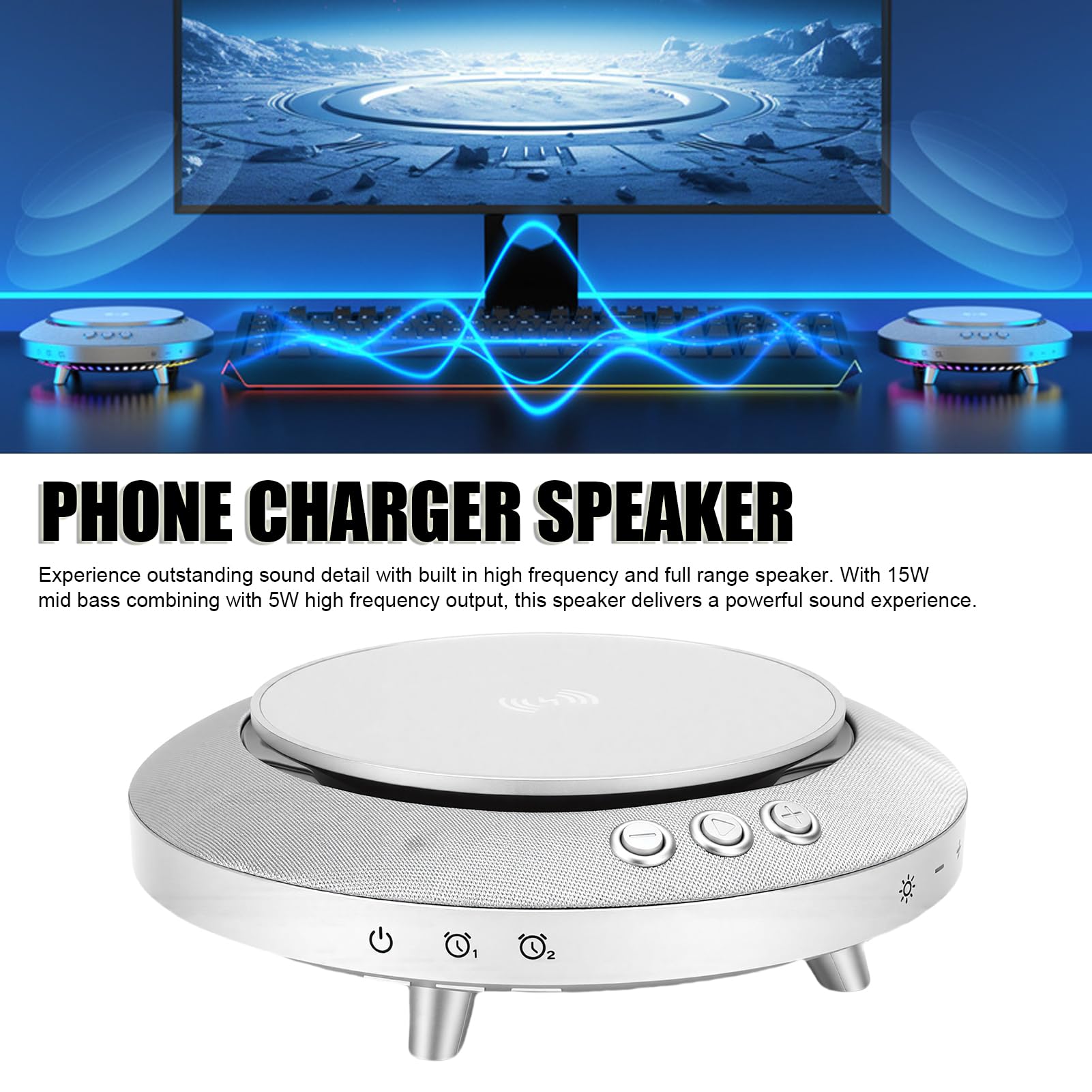 EMUKOEP 360°-Surround-Sound-Bluetooth-Lautsprecher mit Kabellosem Ladegerät, Visuelles Erlebnis, Hohe Leistung, Hervorragende Klangdetails für Zuhause, Schlafzimmer, Büro, 15 W Mittlerer Bass, 5 W