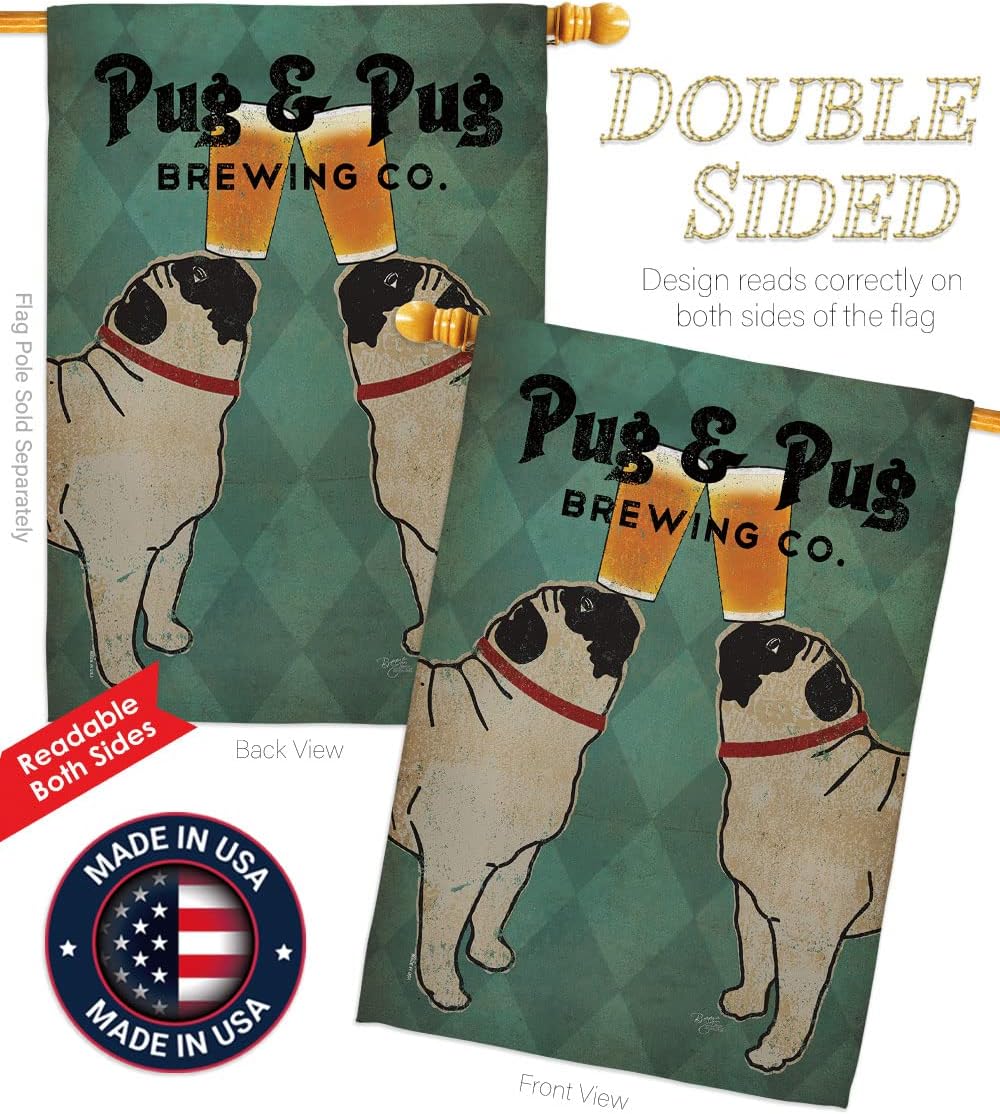 Breeze Decor S110111-BO Pug and Pug Brewing Nature Pets Impressions Decorative Vertical House 28" X 40" Garden 13" X 18.5" Double Sided Flags Set Printed in USA Multi-Color