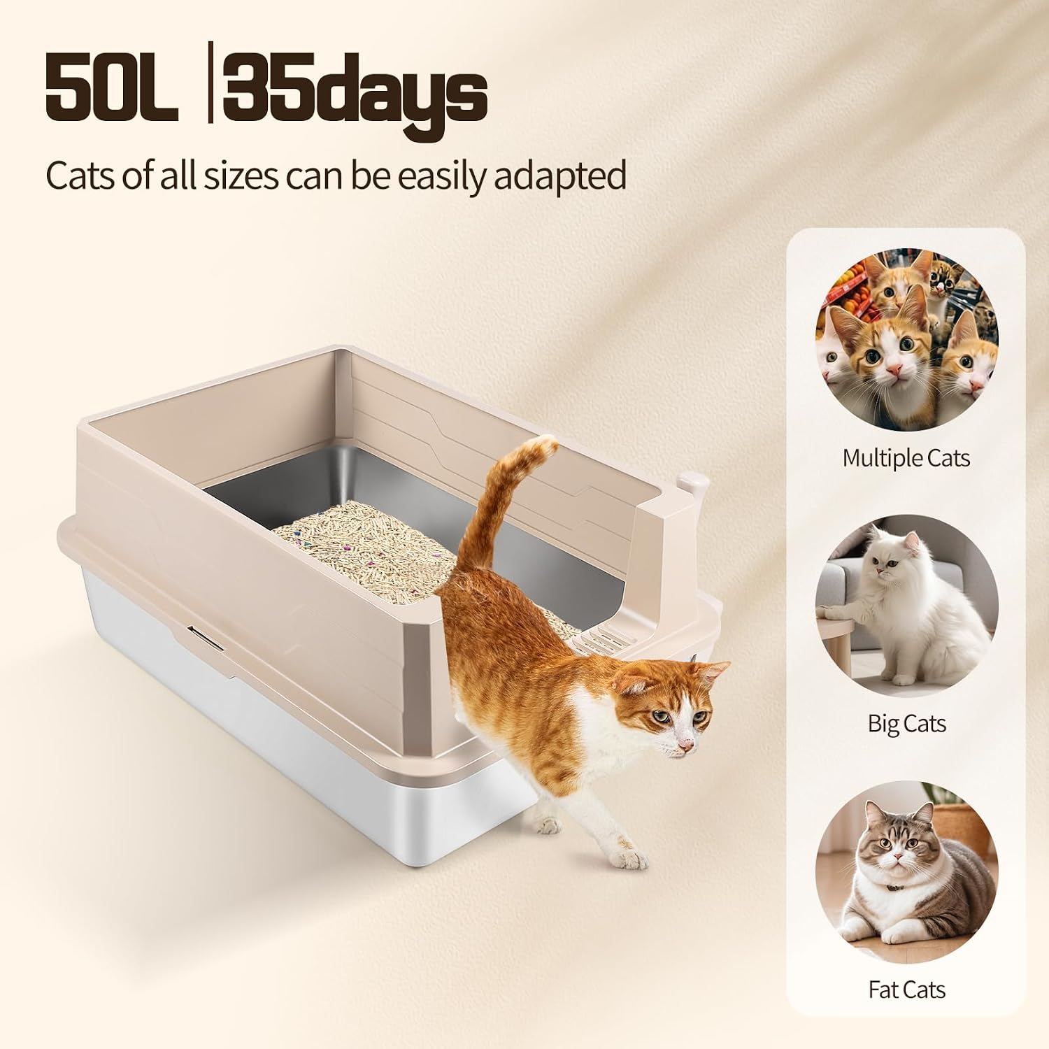 Extra Large Stainless Steel Litter Box, XXXL 27.6" H x 19.7" W x 11.8" H Metal High Sided Cat Litter Box with Scoop, Leak-Proof, Easy Clean for Big Cats/Multiple Cats (Khaki)