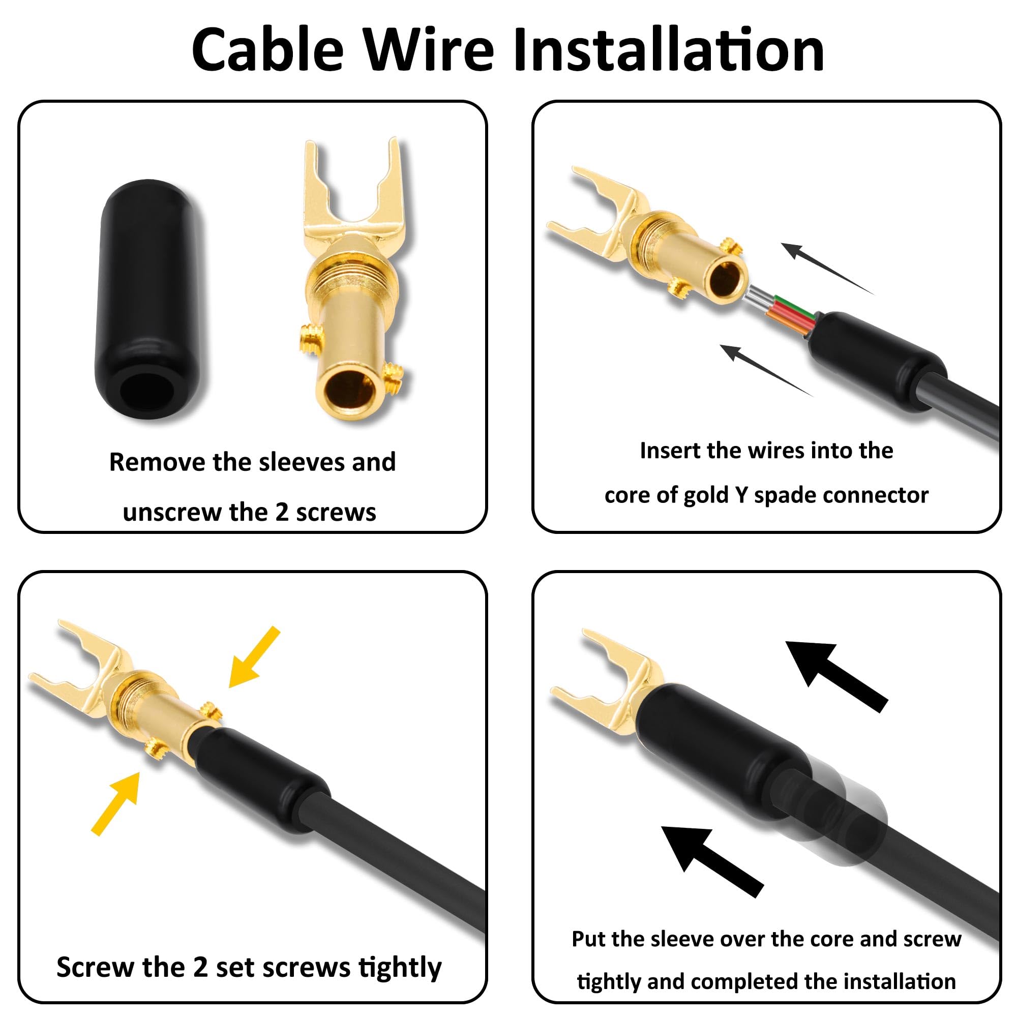 Y Spade złącze wtykowe głośnika, pozłacana bariera U widelec wtyczka bananowa, złącze bezlutowe do wzmacniacza głośnika, system dźwiękowy, kabel audio do domu, 4 sztuki