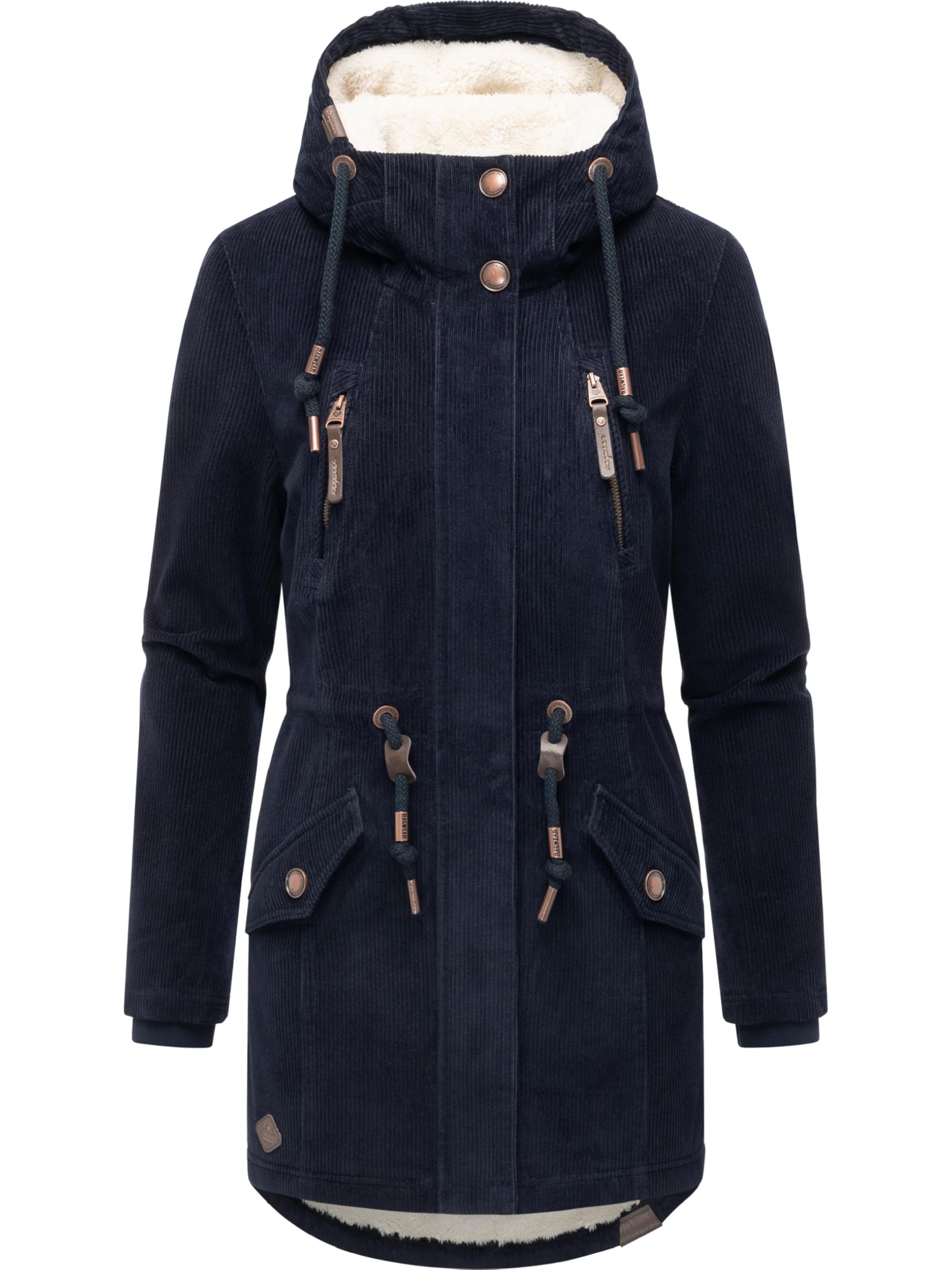 Ragwear Women's Navy Ellsie Cordy Youmodo Warm Winter Coat Waterproof With Teddy Fur Lined Parka Corduroy Material With Hood Xs-3Xl, S