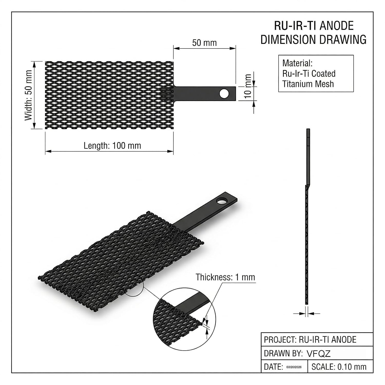 Ruthenium Iridium Coated Titanium Anode - Ru-Ir/Ti MMO Electrode - High Efficiency Chlorine Evolution Electrode for Swimming Pool Salt Chlorinator, Wastewater Treatment, Lab Research