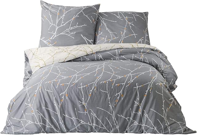 BEDSURE Pościel 220 x 240 cm, bawełna szara, komplet pościeli 220 x 240 cm, poszewka na kołdrę 3-częściowy z 2 poszewkami na poduszkę 80 x 80 cm, z zamkiem błyskawicznym, wzór w gałązki