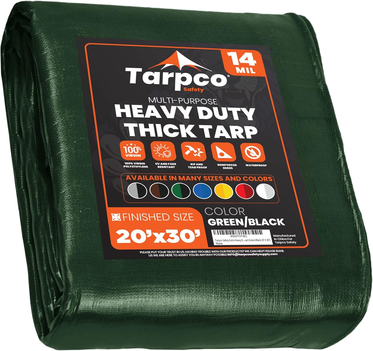 Tarpco Safety Extra Heavy Duty 14 Mil Tarp Cover, Waterproof, UV Resistant, Rip and Tear Proof, Poly Tarpaulin with Reinforced Edges for Roof, Camping, Patio, Pool, Boat (Green/Black 20 X 30)