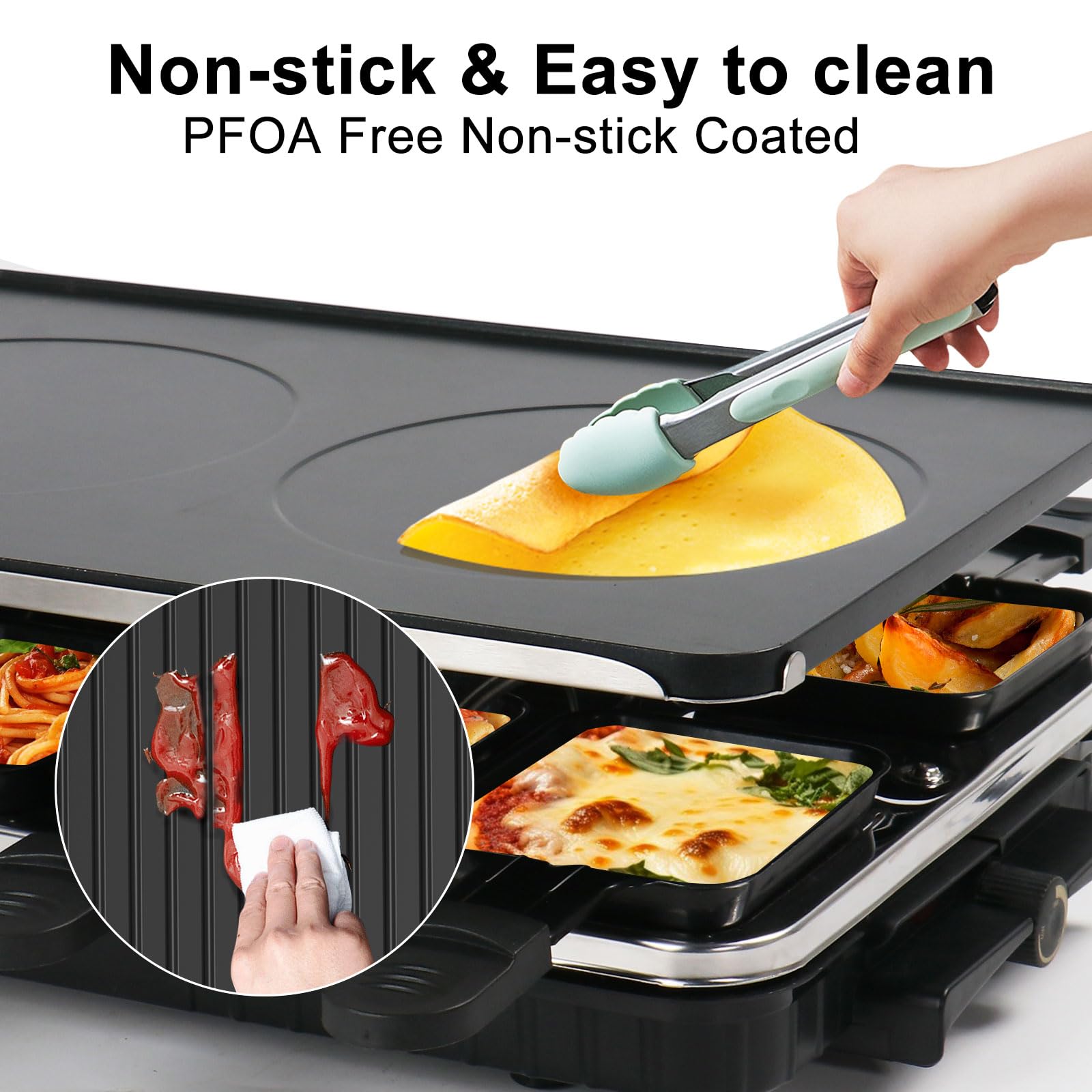 Electric Grill, Raclette for 2 People, 1300 W, Portable Electric Grill, Table Grill with Removable Grill Plate and 8 Small Pans for Indoor and Outdoor