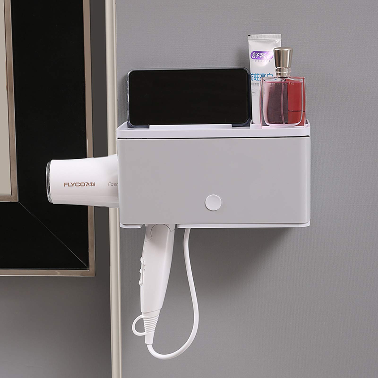 Hair Dryer Holder,hair Dryer Stand Wall Mounted,easy To Install And Clean,no Need To Drill Hair Dryer Storage Bracket,suitable For Bedroom,bathroom And Barber Shop（grey,blue）24.4 * 12.5 * 12.5cm