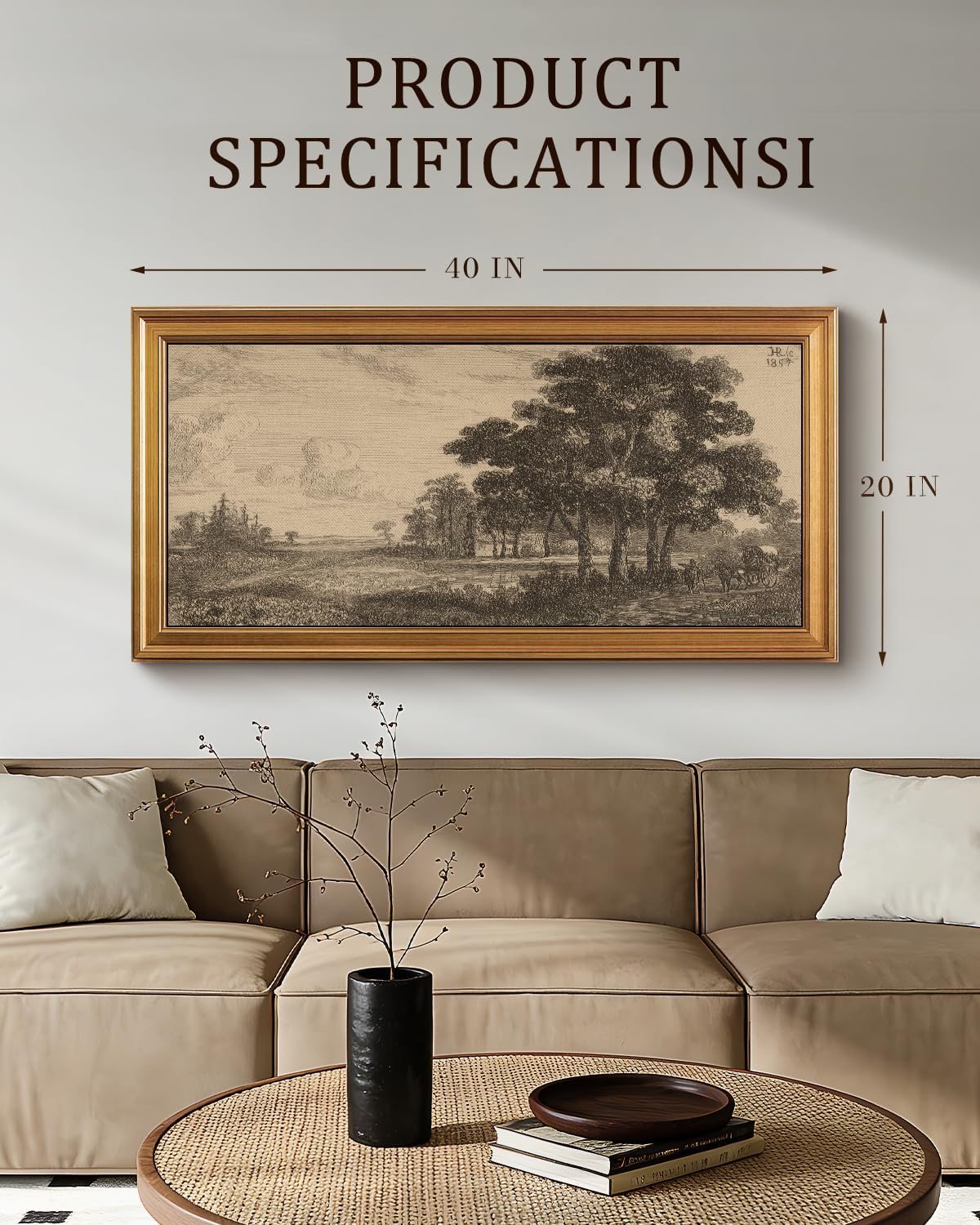 bzstyleart vintage wall art decor, large canvas framed wall art, landscape painting picture farmhouse, large canvas artwork for bedroom home decor aesthetic, rural homeward, 20 x 40 inch
