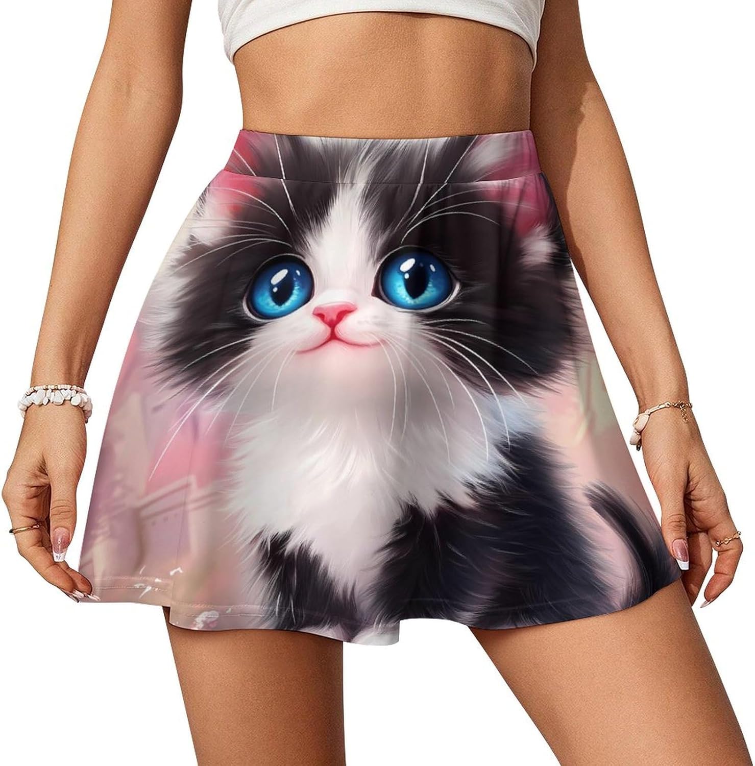 Black And White Cat Women Tennis Skirt Print Golf Skirts Mini Casual Workout Skorts