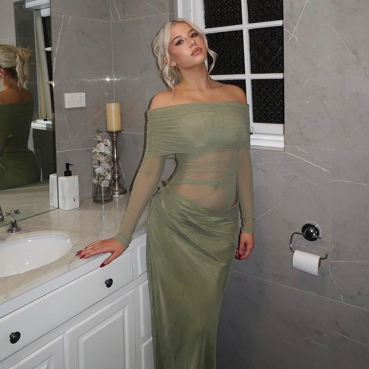 Women's Sheer Mesh Off Shoulder Maxi Dress Y2K Bodycon Gown for Club Party Wedding Evening Outfits - Image 6