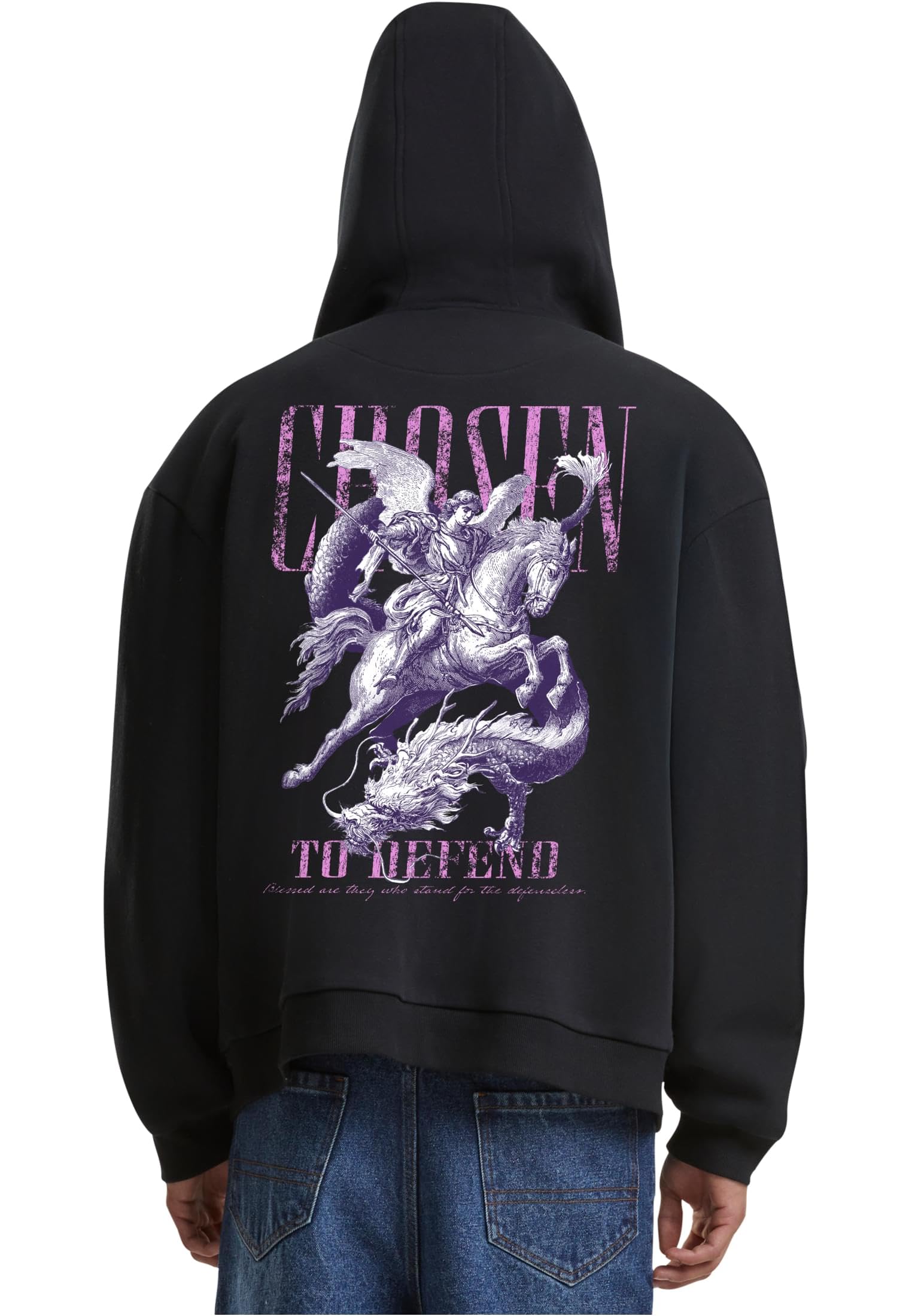 Mister Tee Męska bluza z kapturem Chosen to Defend Fluffy Zip – Regular Fit Hoodie z nadrukiem aniołka i zamkiem błyskawicznym, czarna, XL