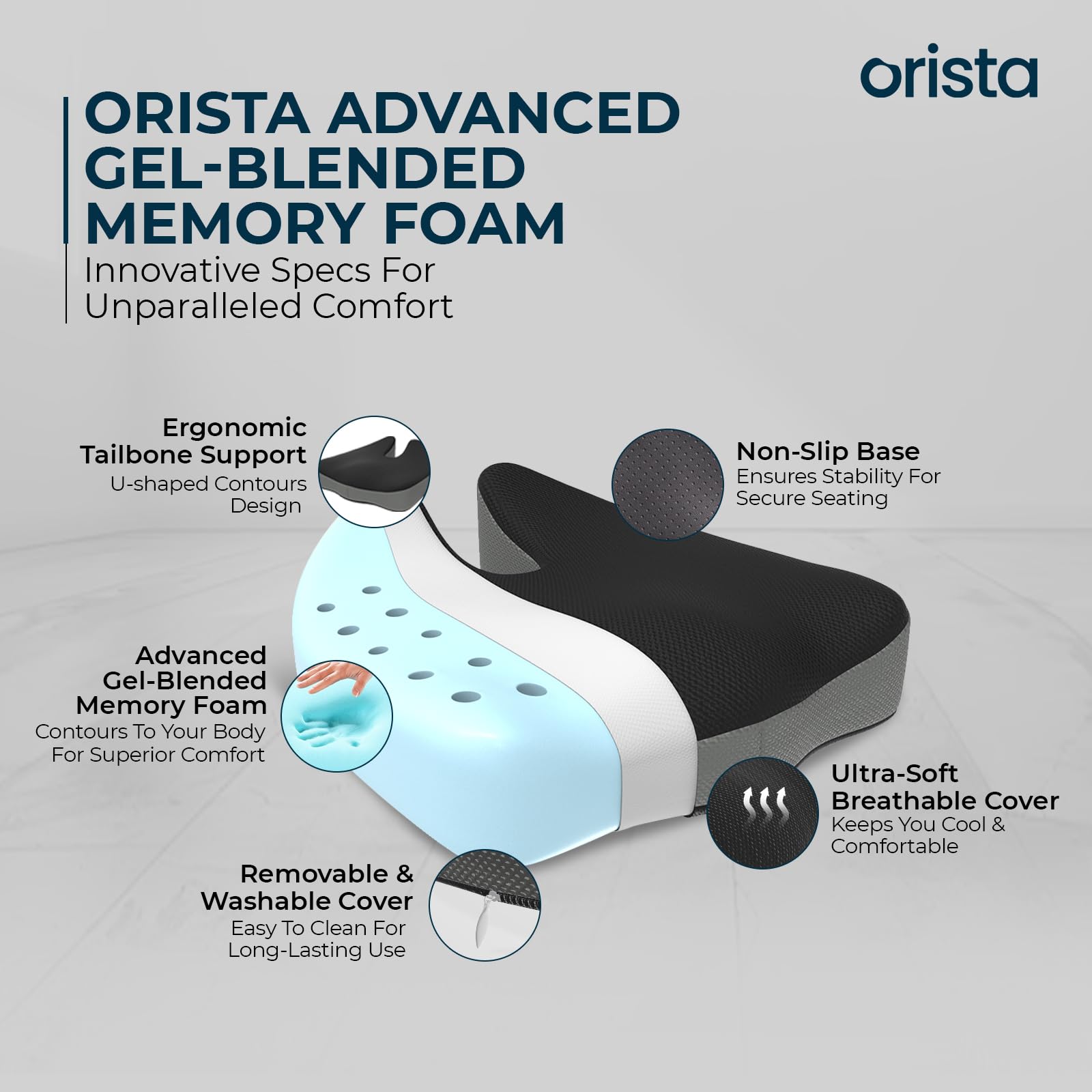 Orista™ Advance Gel Blended Memory Foam Coccyx Seat Cushion | Gel Memory Foam for Hip, Tailbone, Coccyx & Sciatica Pain Relief | Ergonomic Contoured Design for Office Chair, Home & Car Seat - Image 5 thumbnail
