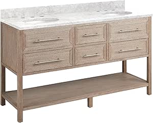 Signature Hardware 953906-60-UM-8 Robertson 60" Freestanding Mahogany Double Basin Vanity Set with Cabinet, Vanity Top, and Oval Undermount Sinks - 8" Faucet Holes - Brushed White/Carrara Marble