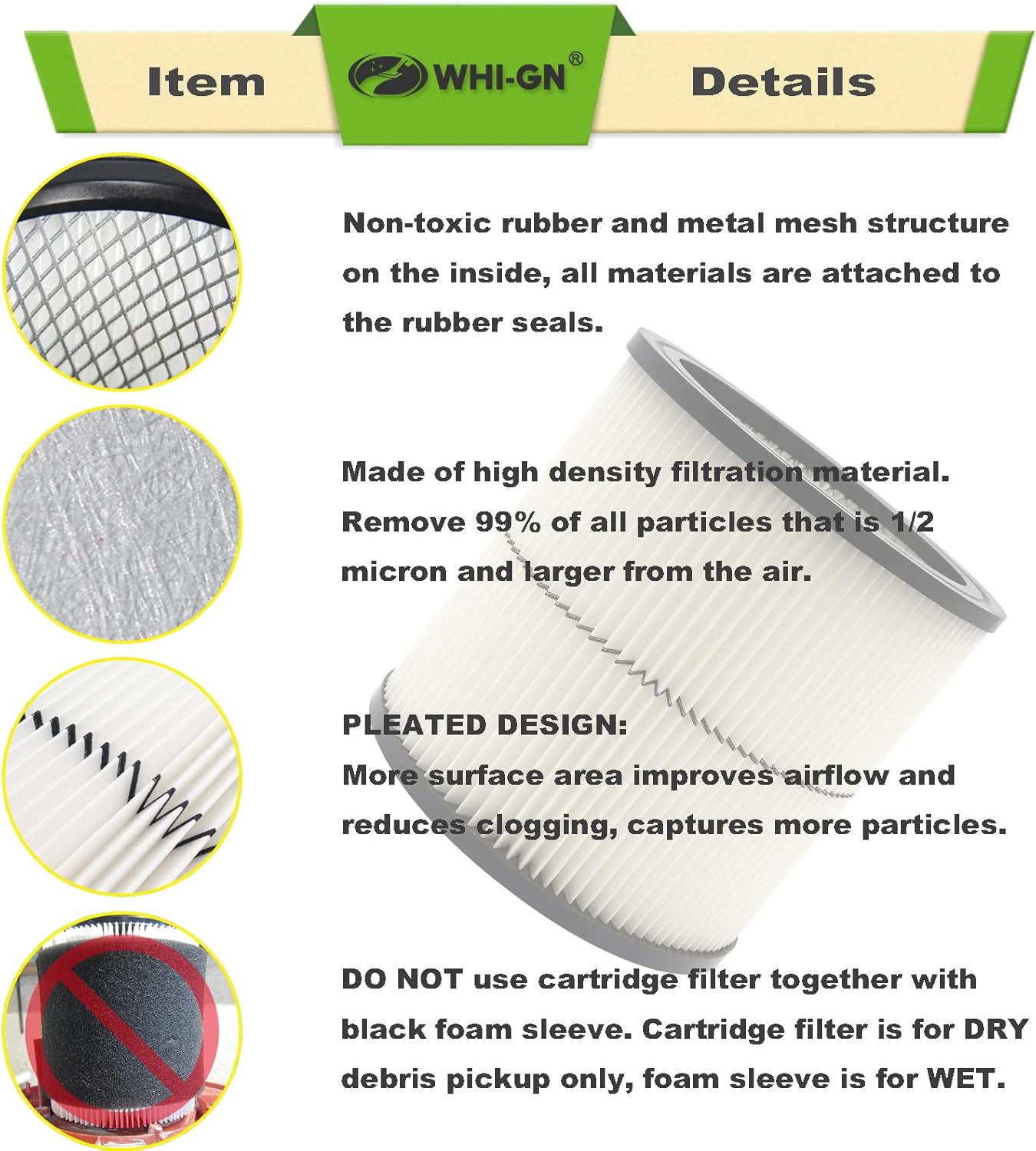 1 Pack 17884 Vacuum Cartridge Filter Replacement for Craftsman shop vac filter 9-17884 17935 17937 17920 for 6 Gallon & Larger Wet/Dry Vacs + 1 Pack Foam Sleeve Filter for Most Branded Vacuums