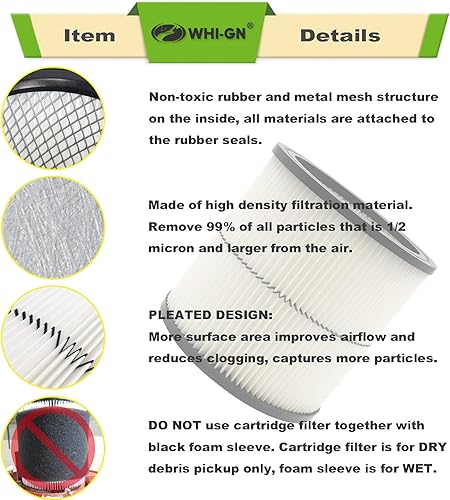 Miniatura 4 de Paquete de 1 filtro de cartucho de vacío 17884 de repuesto para filtro de aspiradora Craftsman Shop 9-17884 17935 17937 17920 para aspiradoras