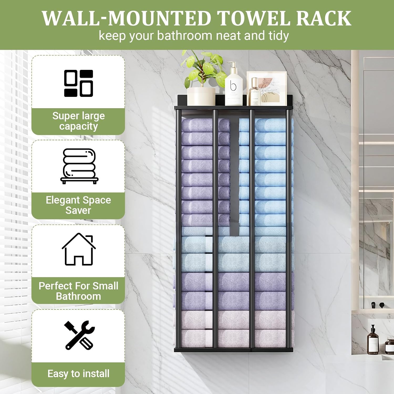 Large Capacity Two-Layer Widened Towel Racks for Bathroom Wall Mounted, Updated 4 Bar Bath Towel Holder for Bathroom, Bath Towel Rack for Wall Mount, Metal Small Bathrooms Towel Storage Rack, Black