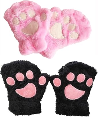2 pairs Cat Claw Bear Kawaii Paw Fingerless Winter Plush Gloves Cosplay Faux Fur Plush Cat Gloves for Girls Women