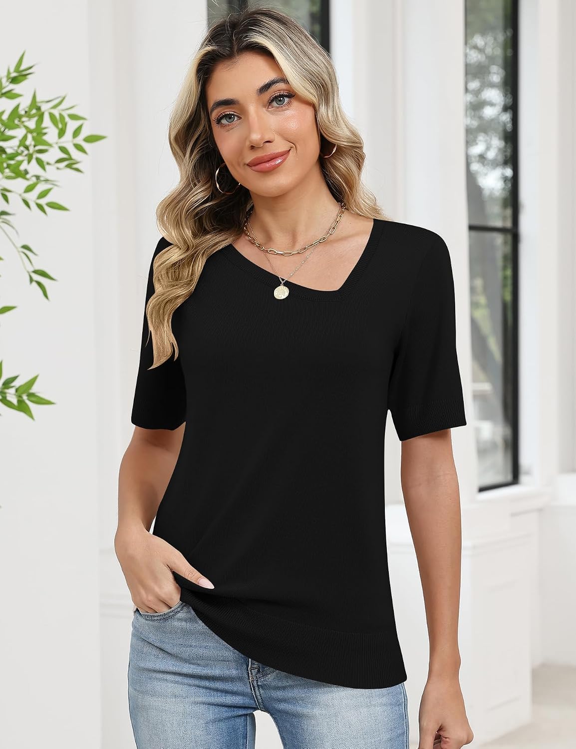 Rapbin Womens Short Sleeve Sweater Asymmetrical Neck Dressy Casual Fashion Summer Pullover Tops Sweater Blouse 2026