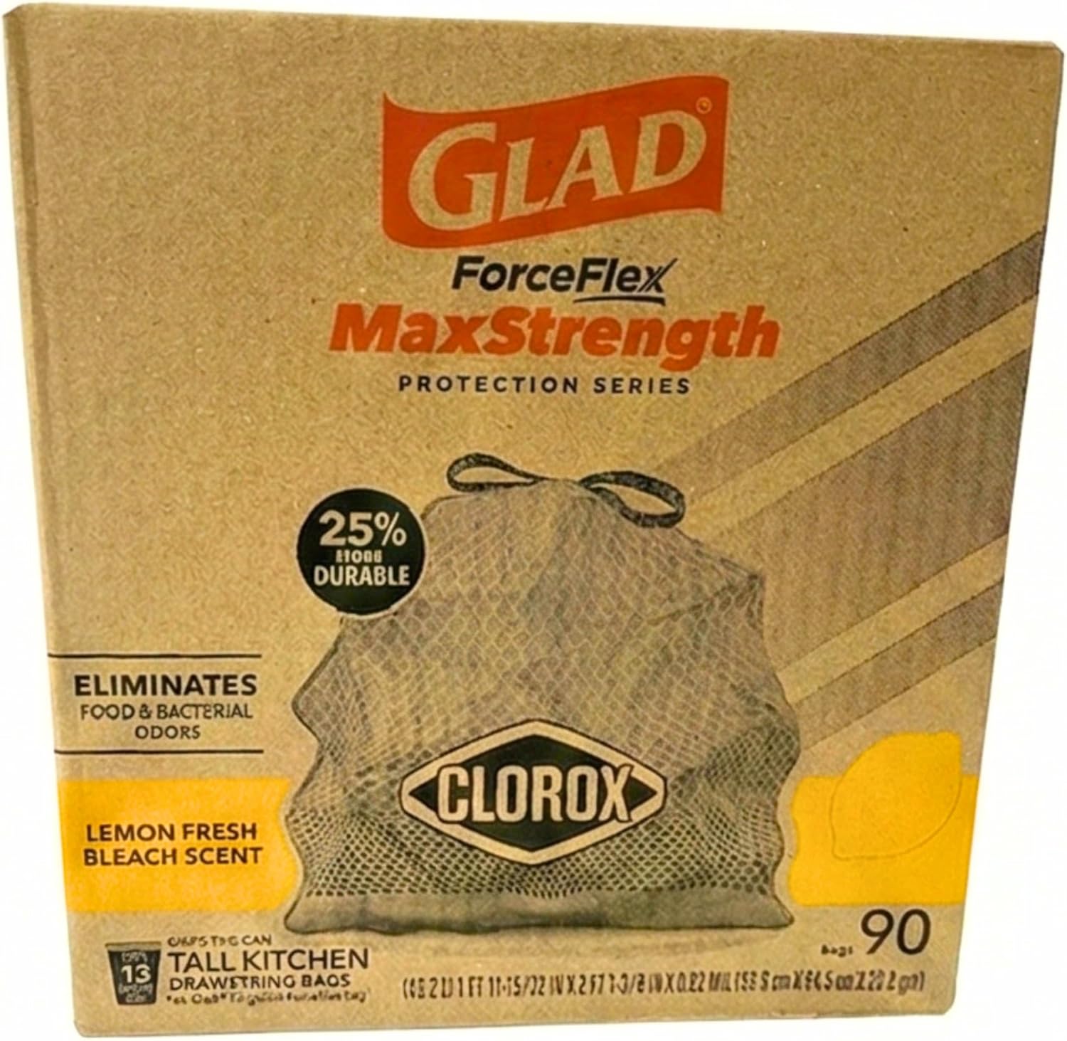 Glad ForceFlex MaxStrength Kitchen Drawstring Bags with Lemon Fresh Bleach Scent 13 Gal 90 Bags