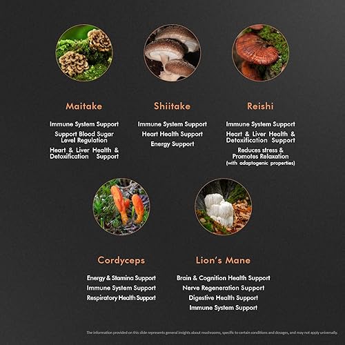 Miniatura 6 de Suplemento de mezcla de 5 hongos, con Reishi, melena de león, maitake, shiitake y cordyceps - Energía natural, alivio del estrés y apoyo