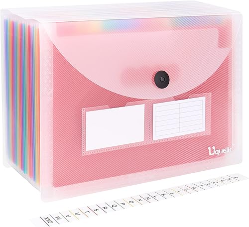Uquelic Organizador de archivos de acordeón, carpeta de archivos legal con 24 bolsillos, carpeta de archivos expandible con índice de color y correa