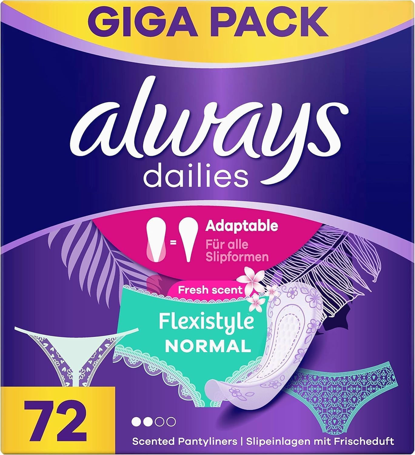 Always Dailies Women's Fresh Normal Panty Liners (72 Pads), Giga Pack with Fresh Fragrance, Suitable for All Panty Shapes