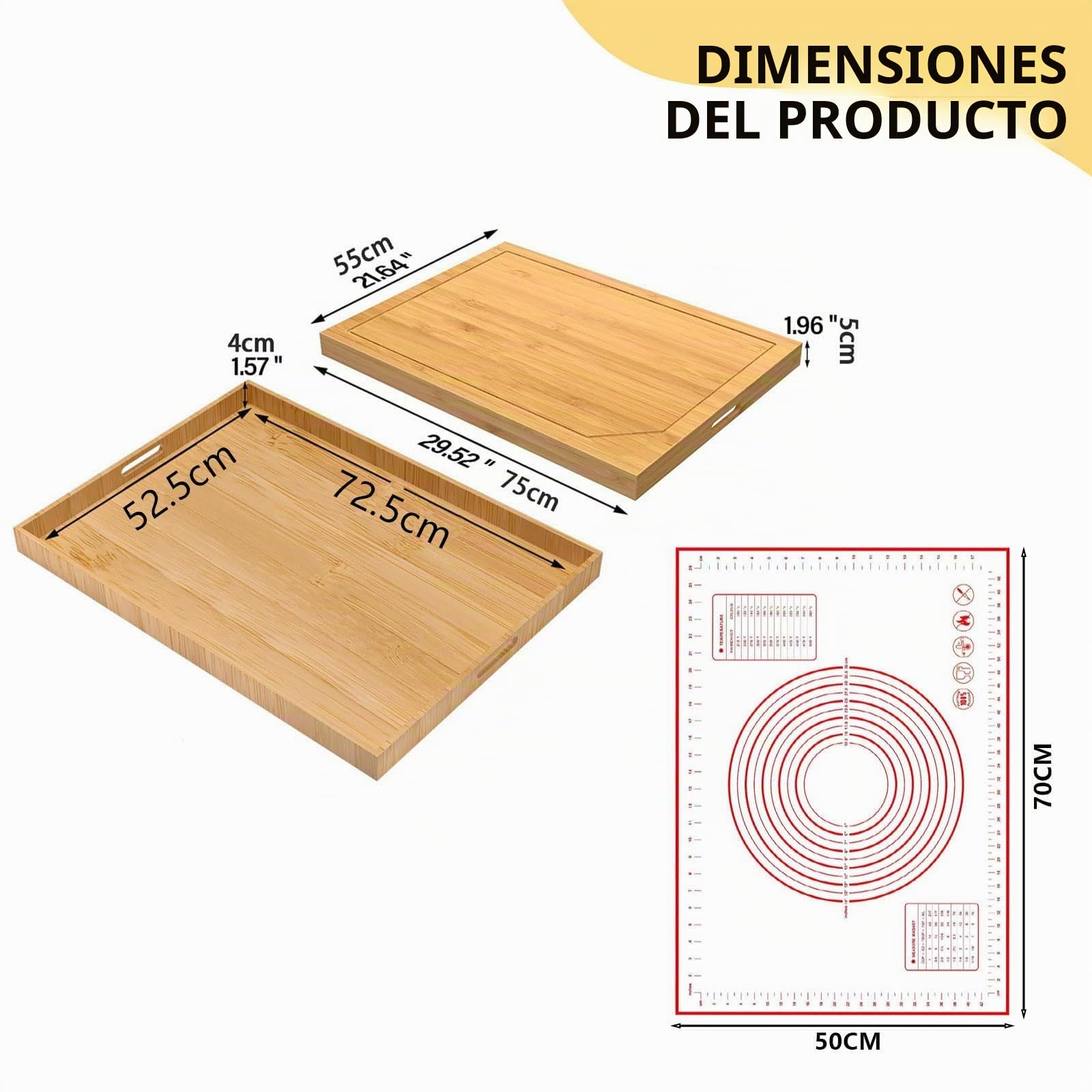 KATKLIU Tabla de Cortar Grande de Bambú 75×55 cm con Asas – Cubierta de Encimera Reversible para Cocina de Gas o Inducción, Protector de Superficie Fácil de Limpiar