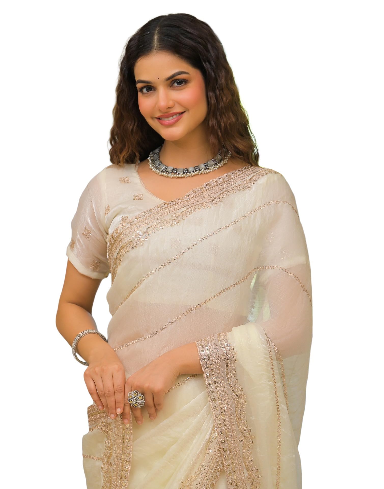 Women's Shimmer Chiffon Sequence Embroidery & Scalloped Border Saree With Unstitched Blouse Piece-image-28