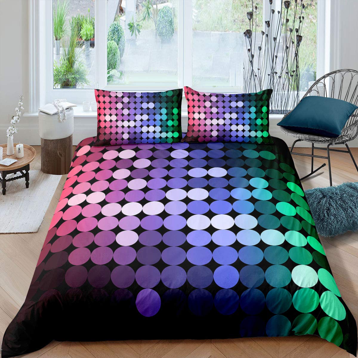 Erosebridal Brilliant Circle Bedding Set Colorful Geometric Design Home Decor Comforter Cover for Teen Boys Kids Hip-Hop Theme Adult Girls Duvet Cover with Zipper Ties Soft Microfiber Teal Quilt Set