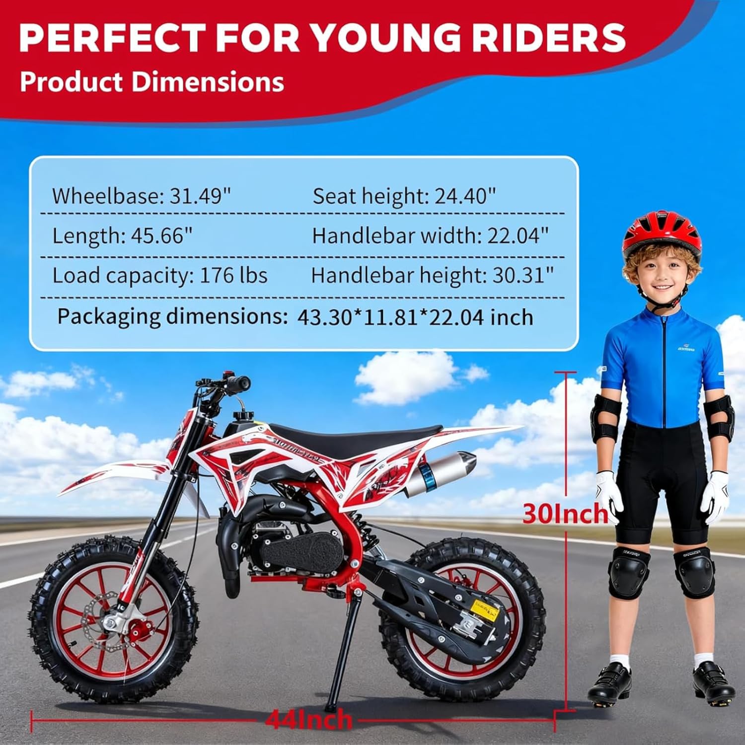 GREENLEMON 2025 Upgraded 50cc Kids Dirt Bike: 25MPH 2-Stroke Mini Gas Motorcycle, Full Suspension, Dual Disc Brakes, Off-Road Tires, Soft Seat, 176LBS Load, for Kids 5–10, Red