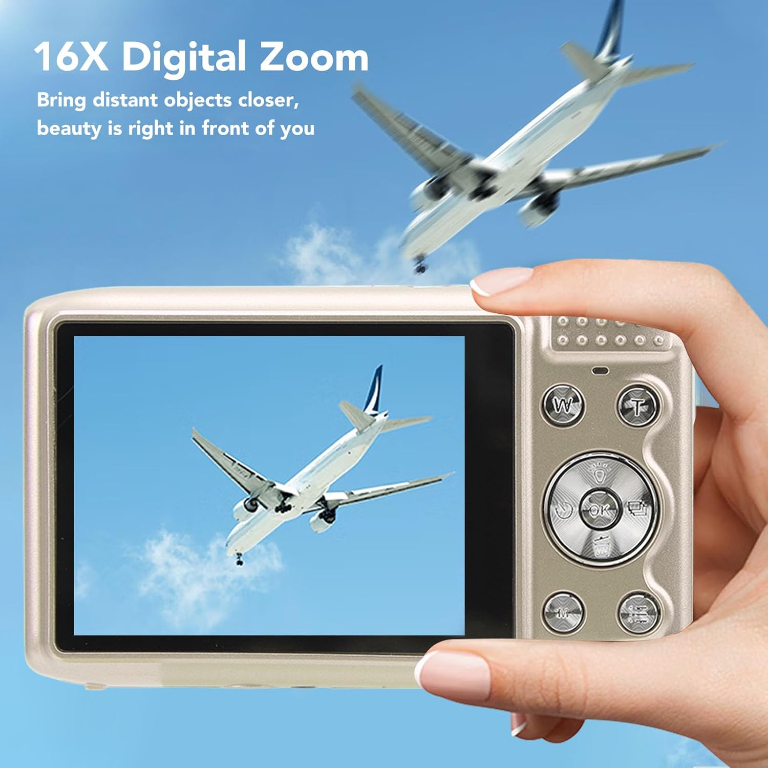 Hand holding the SENECESLI camera, displaying an airplane on its screen, with another airplane in the sky above