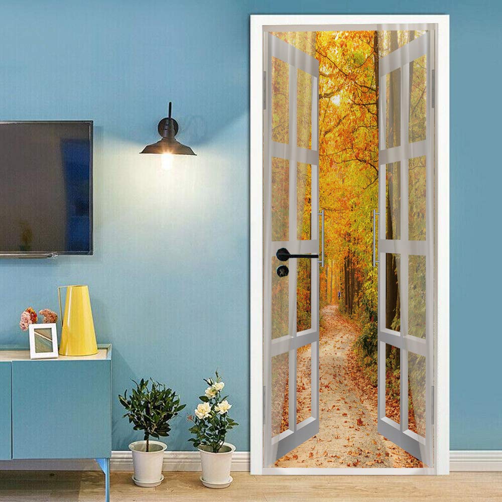 Sticker de porte paysage de bois trompe l'œil imperméable et amovible 88x200