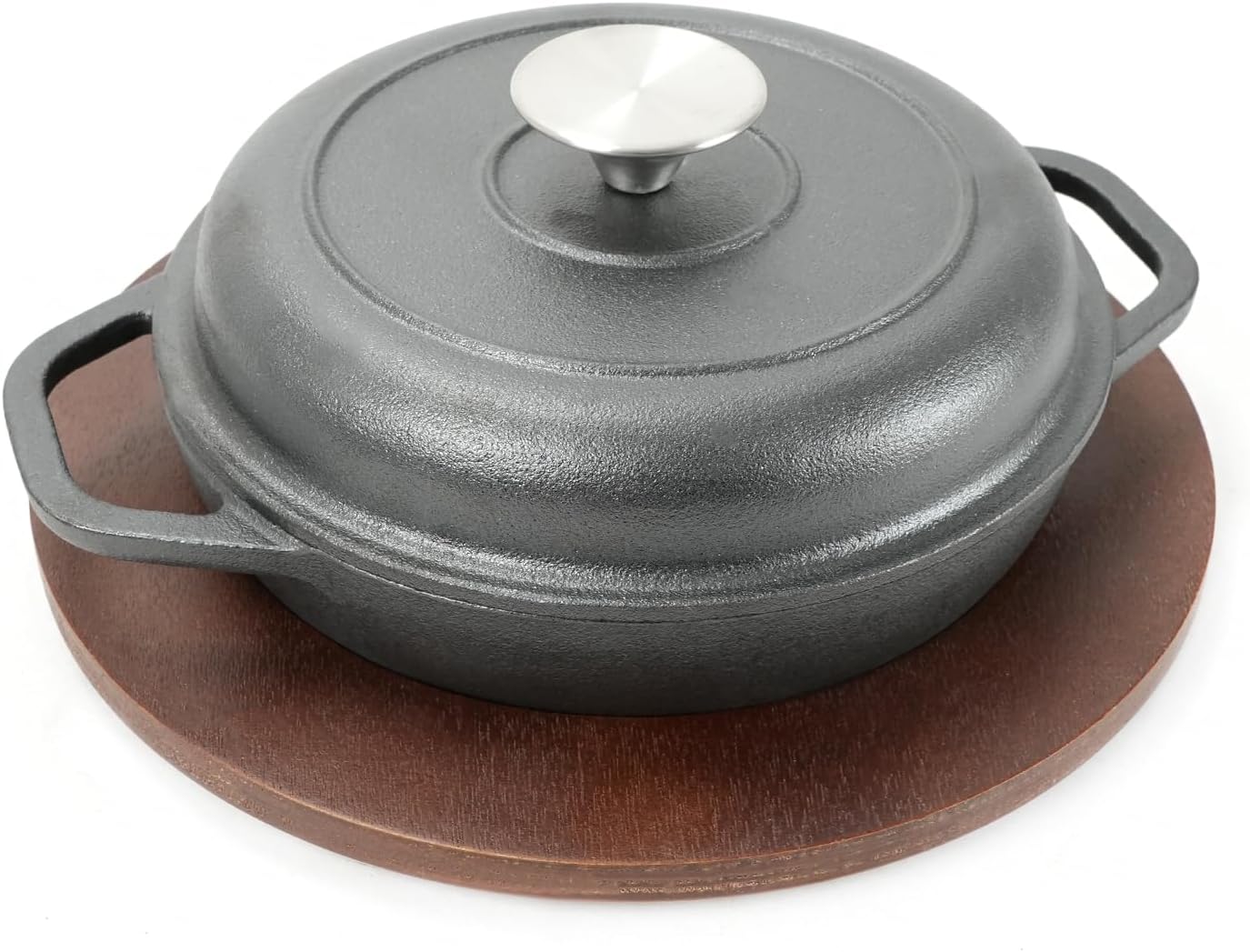HAWOK Cast Iron Stock Pot with Lid and Wooden Base, Dia 7.9", 0.95QT, Shallow Casserole Braiser, 3-Piece, Black